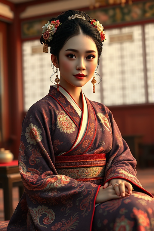 A beautiful Ryukyuan woman in traditional East Asian attire, intricately detailed with embroidered patterns, sitting gracefully in a richly decorated room, soft ambient lighting, serene and elegant, ultra-realistic, 8K resolution