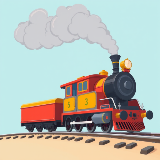 illustration of a cartoon steam train with smoke, side view, high-resolution, ISO 100, aperture f/8, shutter speed 1/200s, digital medium format camera