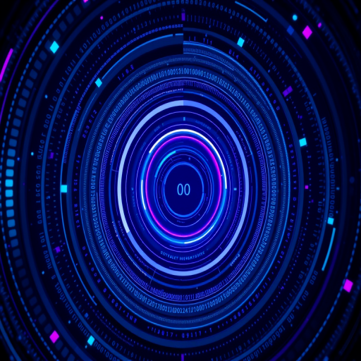 generate a digital abstract design featuring concentric circles and binary code elements in shades of blue and purple, use a Canon EOS 5D, aperture f/8, ISO 100, 24mm focal length, in a portrait orientation with a sharp focus and high dynamic range.