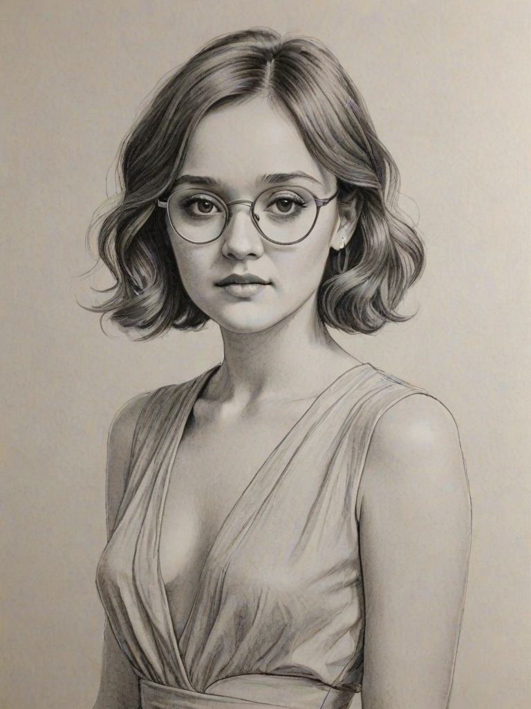 Superb Olivia Cooke, pencil sketch, portrait of Elegant woman 1926s in glasses, hair style beatnik, outline, clear lines, fine lines, 8k