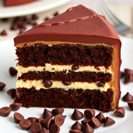 A slice of rich chocolate cake with layers of creamy frosting and a light fluffy filling featuring chocolate chips on a white plate surrounded by chocolate chips and a fork in the background.