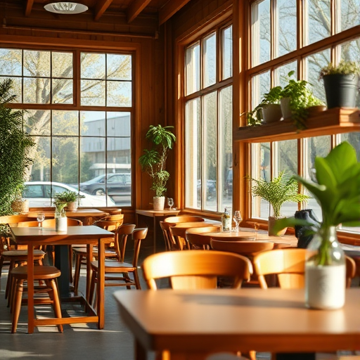Create a cozy interior scene of a coffee shop with wooden furniture and large windows, using a Canon EOS R5 camera, 50mm lens, f/1.8 aperture, ISO 100, natural lighting, and a soft focus effect for a warm atmosphere.