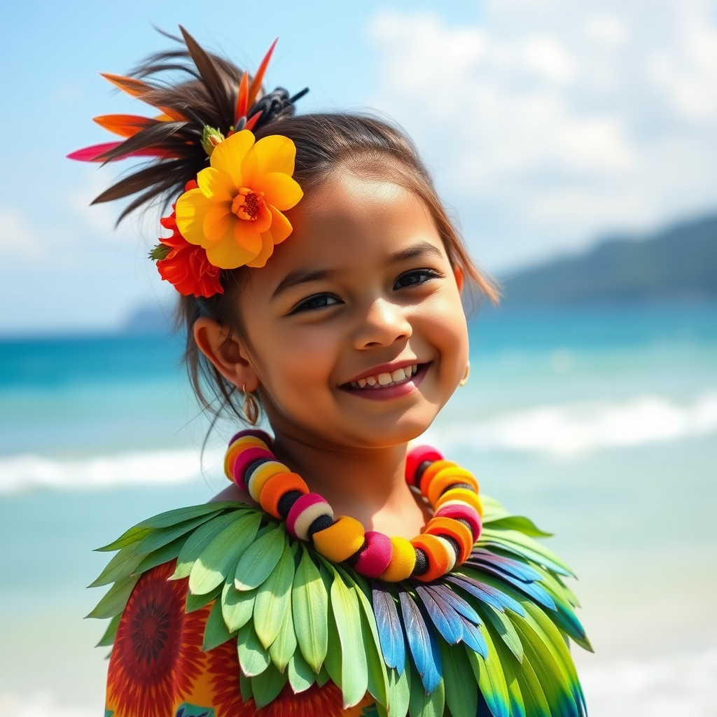 A beautiful Hawaiian girl, wearing colorful bird clothing with vibrant colors