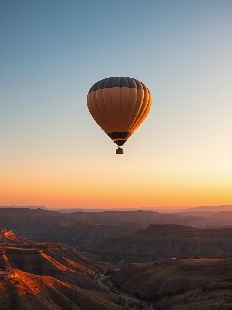 A serene landscape featuring a majestic hot air balloon soaring above rolling hills and valleys, captured with a Canon EOS R5, 50mm lens, f/2.8 aperture, ISO 100, at sunset for warm lighting and enhanced detail.