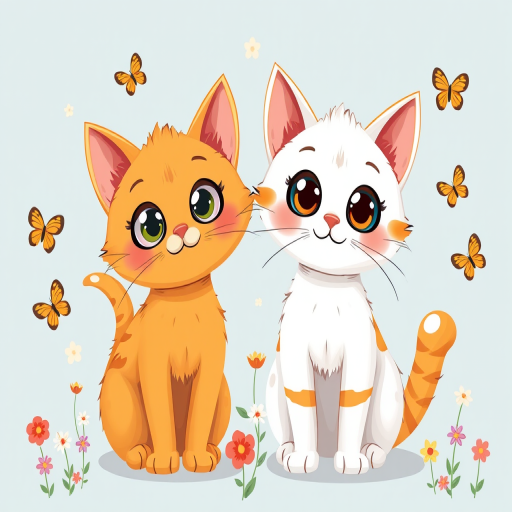 Generate a colorful illustration of two cartoon cats, one orange and one white with bushy tails and oversized eyes, surrounded by small butterflies and flowers on a light blue background, use a Canon EOS R5 with a 35mm lens, f/2.8 aperture, ISO 100, and a soft focus style to enhance the image quality.