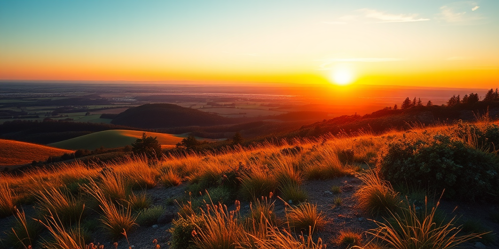Generate a high-resolution image of a serene landscape during golden hour, using a Canon EOS R5 with a 24-70mm f/2.8 lens, ISO 100, f/11 aperture, capturing a wide-angle view with vibrant colors and soft lighting.