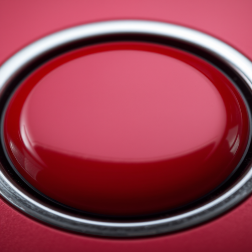 A glossy red button with a metallic silver border, captured in macro view using a DSLR camera, aperture f/2.8, shutter speed 1/100s, and ISO 100 for high detail and vibrant colors.