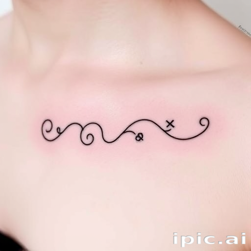Minimalist single-line tattoo called "Continuous Journey" showcasing a complex design created with one unbroken line. Intricate curves and loops form recognizable shapes and symbols, telling a story through its flowing path. Fine, precise linework in deep black ink stands out against the skin, creating a striking contrast and modern aesthetic.