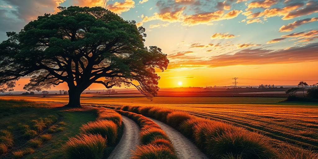 Generate a vibrant painting of a rural landscape featuring a large tree along a path with a sunset backdrop, using a Canon EOS 5D Mark IV, f/8 aperture, 1/250 sec exposure, ISO 100, in a wide-angle view to capture the expansive scenery.