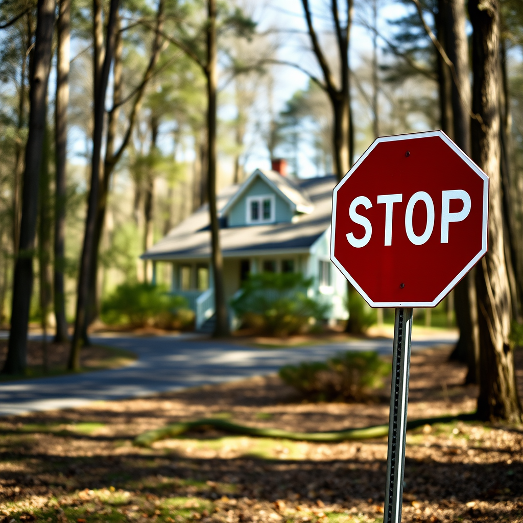 capture a clear image of a stop sign in a wooded area with a house in the background, use a DSLR camera with a 50mm lens, aperture f/2.8 for shallow depth of field, shutter speed 1/200s, ISO 100, focus on the sign while slightly blurring the background for enhanced detail and quality