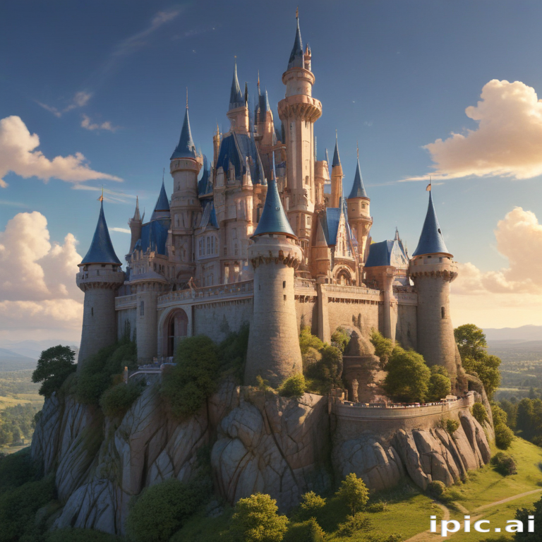A Majestic Fairy Tale Castle Surrounded by Lush Green Landscape at Sunset