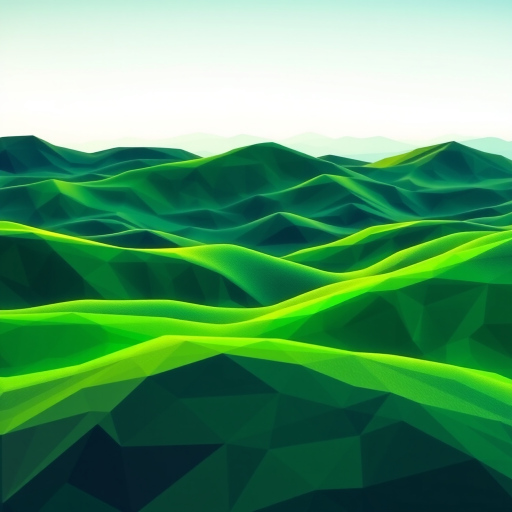 Generate a vibrant low-poly landscape featuring various shades of green with a gradient from dark to light, captured with a DSLR camera at f/8, ISO 200, 50mm lens, in a wide-angle view with high dynamic range.