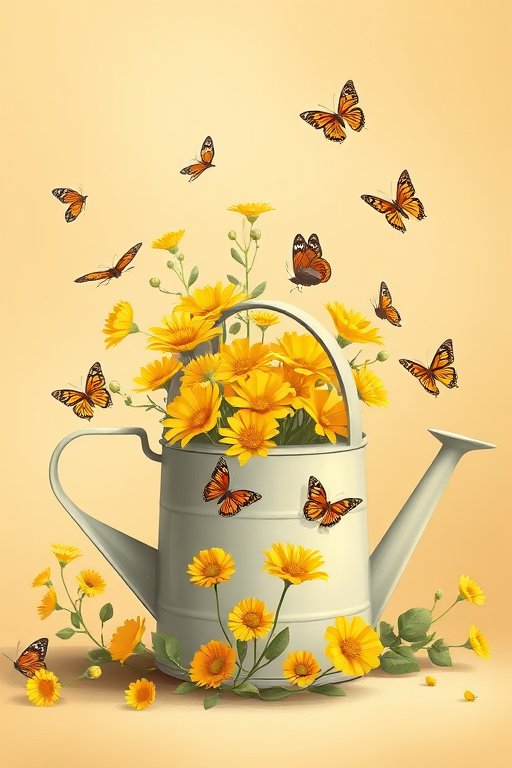 Create a digital illustration of a watering can filled with bright yellow flowers, surrounded by butterflies, set against a warm beige background, using a 50mm lens, f/2.8 aperture, soft focus style, captured with a high-resolution DSLR camera.