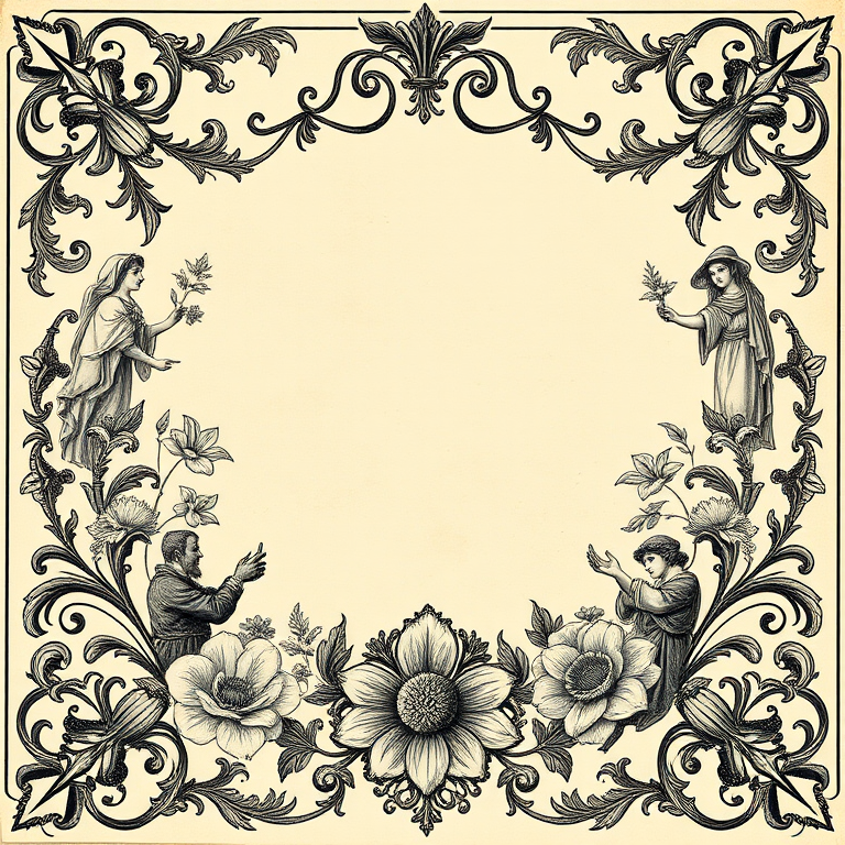 Create a detailed illustration of a vintage border design featuring two figures amidst ornate foliage and decorative elements, captured using a DSLR camera with a 50mm lens, aperture set to f/2.8, ISO 100, in natural light, maximizing clarity and texture.