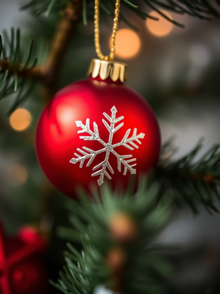 Close-up shot of a red Christmas ornament with a snowflake design hanging on a pine tree, shallow depth of field, 50mm lens, f/2.8 aperture, ISO 100, natural light, DSLR camera, macro photography style.