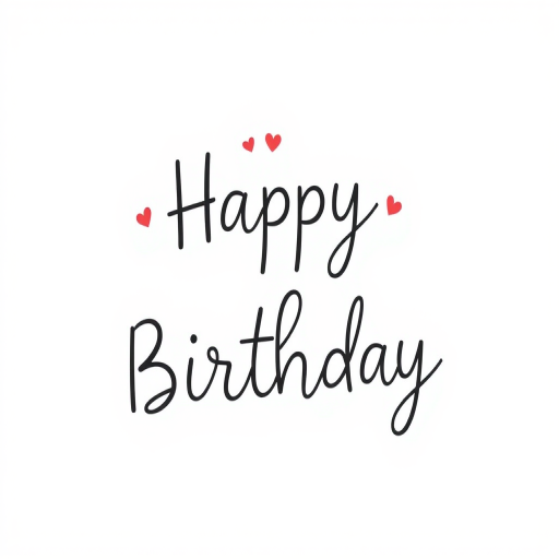 Create a simple and elegant design featuring the phrase Happy Birthday in a playful, handwritten font with small hearts above the word Happy and a light, whimsical touch. Use a clean white background for a fresh and modern look.
