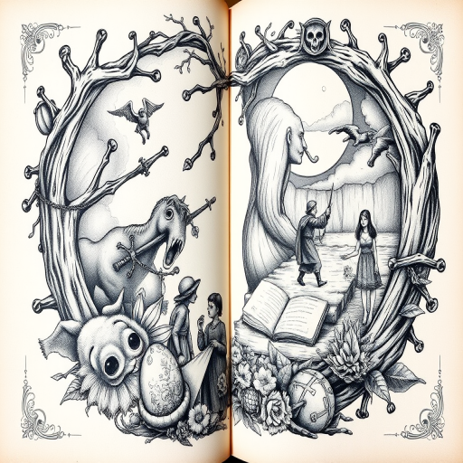 Illustrative black and gray tattoo named "Storyteller's Ink" depicting a narrative scene with intricate details and shading, resembling a page from a vintage storybook with hidden Easter eggs and symbolic elements throughout