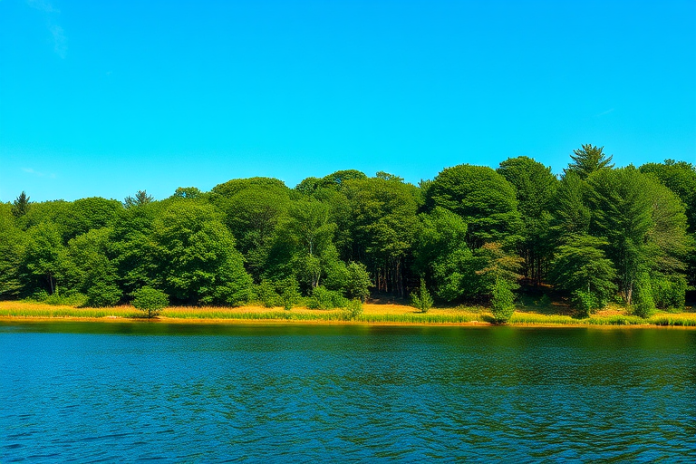 Generate a high-resolution image of a serene landscape with a clear blue sky, lush green trees, and a calm lake in the foreground, taken with a DSLR camera at ISO 100, f/8 aperture, and a shutter speed of 1/250 seconds, using a wide-angle lens at 24mm, captured from a slightly elevated viewpoint to enhance depth and clarity.
