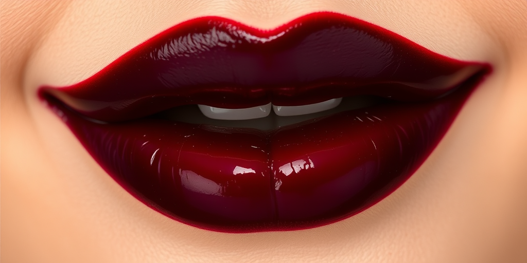 Seductive "Black Cherry" lips flaunting a deep, glossy burgundy shade, expertly overlined for a voluminous, juicy appearance