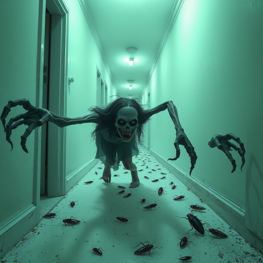 a crooked woman with long arms and a creepy smile is crawling along a long white corridor and you can also see cockroaches in it there is a creepy atmosphere creepy art style