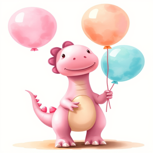 Regenerate a cute pink dinosaur character holding pastel balloons, with a whimsical and soft watercolor style, shot with a Canon EOS R5, 50mm lens, f/1.8 aperture, ISO 100, natural lighting, and a shallow depth of field for enhanced image quality.