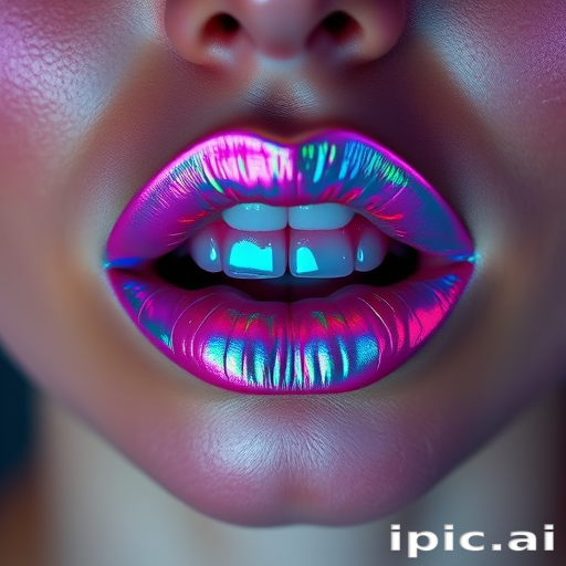 Holographic lips with iridescent rainbow hues, shifting colors as the light changes, creating a mesmerizing and futuristic appearance for a sci-fi inspired photoshoot