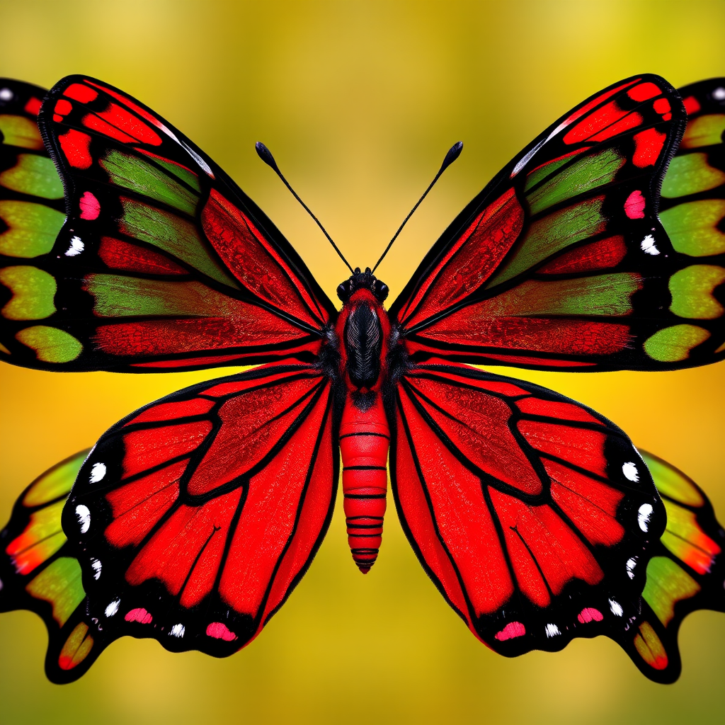 Create a vibrant, high-resolution illustration of a symmetrical red butterfly with intricate black outlines, captured with a Canon EOS R5 at f/2.8, ISO 100, and a 50mm lens in a macro view for enhanced detail.