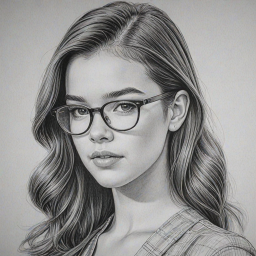 Stunning Hailee Steinfeld, pencil sketch, portrait of Lovely woman 1952s in glasses, hair style beatnik, outline, clear lines, fine lines, 8k