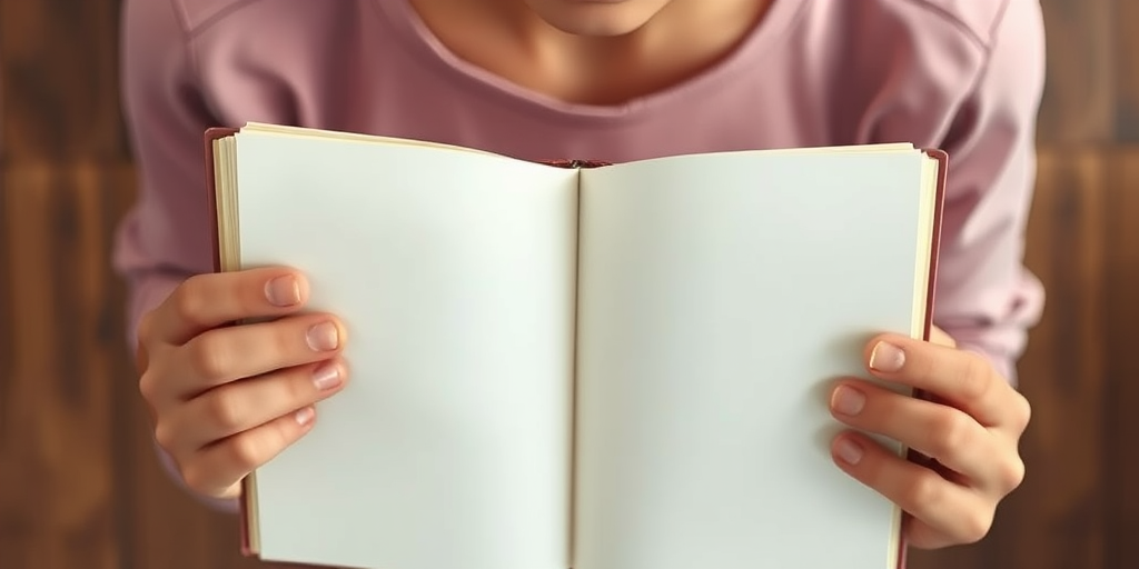 Create an illustration of a person holding an open book with blank pages, using a high-resolution digital camera, focal length of 50mm, aperture set to f/2.8 for shallow depth of field, top-down view, and vibrant color saturation to enhance image quality.