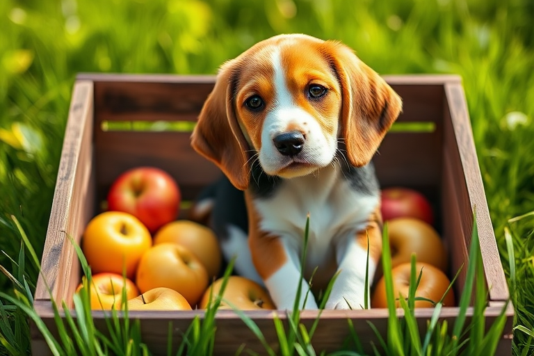 Beagle puppy sitting in a wooden crate filled with fresh apples surrounded by green grass, natural lighting, shallow depth of field, aperture f/2.8, ISO 100, 50mm lens, DSLR camera.