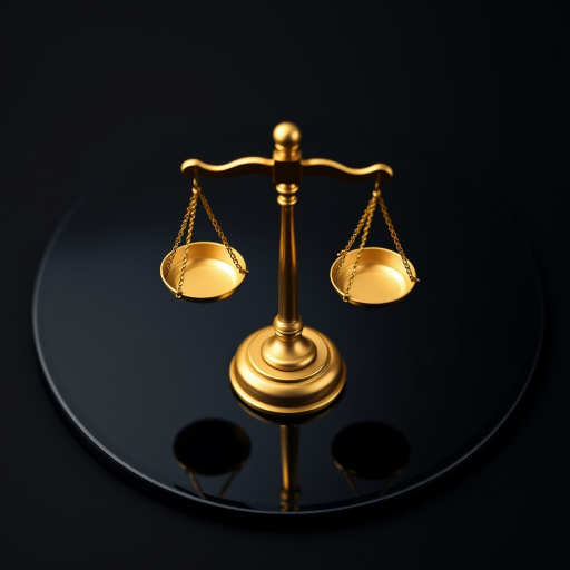 Create a high-resolution image of a golden scale of justice on a glossy black circular background, using a DSLR camera with a 50mm lens, f/1.8 aperture, ISO 100, and 1/200 second shutter speed, capturing a close-up view with soft lighting for enhanced detail and clarity.