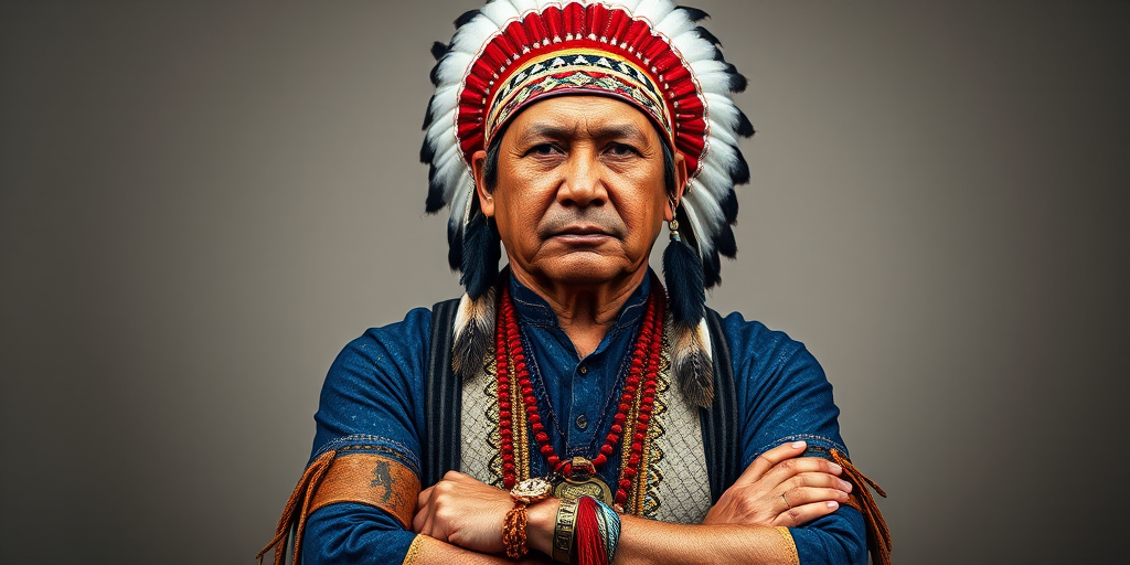 Create a dignified portrait of a Native American man dressed in traditional attire. He wears a beautifully crafted headdress adorned with white feathers and red beads, along with a beaded headband featuring intricate patterns. His clothing includes a deep blue, patterned shirt and a traditional chest piece with detailed beadwork. His arms are crossed, displaying leather armbands decorated with feathers. The background is simple and neutral, emphasizing his proud and stoic expression. The overall image captures the rich cultural heritage and strength of his persona.