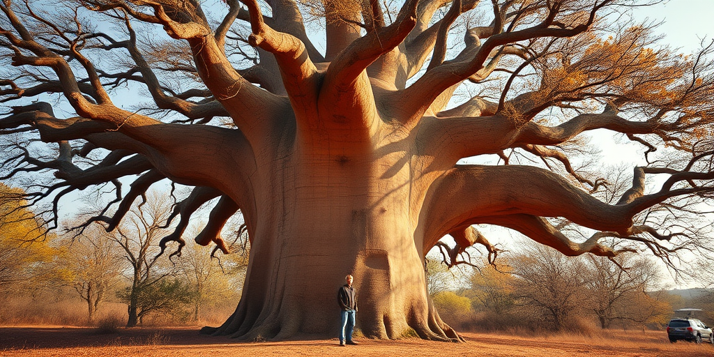 Regenerate a stylized image of a large, orange-barked baobab tree with a person standing beside it, in warm autumn colors, taken with a Canon EOS R5, 50mm lens, f/2.8 aperture, ISO 100, 1/200 sec shutter speed, shot from a low angle to emphasize the height of the tree and create a soft focus background.