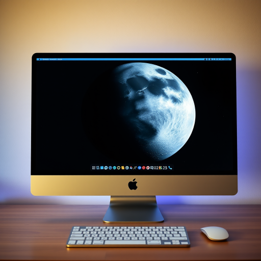 Create a high-resolution image of a large moon and Earth in space displayed on a sleek Apple desktop computer screen, captured with a DSLR camera at f/8 aperture, ISO 100, 24mm focal length, with a clear view and vibrant colors.