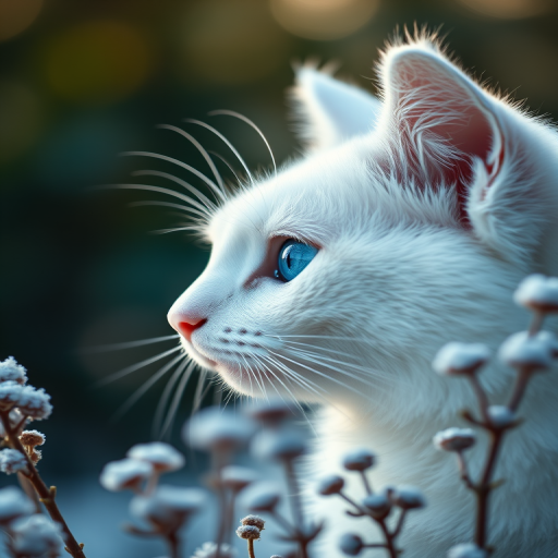 Close-up profile of a white cat with striking blue eyes, surrounded by frosty plants and soft bokeh background, natural light, f/2.8 aperture, ISO 200, 85mm lens, shallow depth of field, macro photography style.
