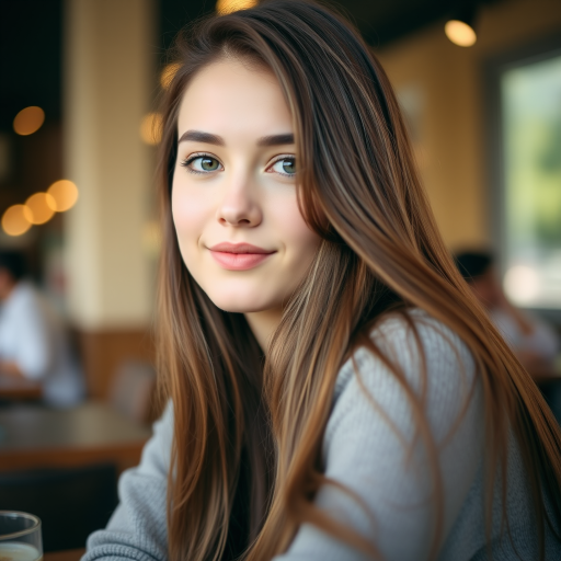 Close-up portrait of a young woman with long brown hair sitting in a cafe, soft natural lighting, shallow depth of field, 50mm lens, f/1.8, ISO 100, DSLR camera, soft focus background, warm color tones.