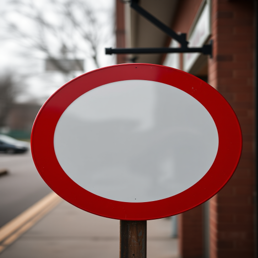 Create a high-resolution circular sign with a bright red border and a clean white center using a DSLR camera with a 50mm lens, f/1.8 aperture, ISO 100, and a shallow depth of field for enhanced clarity, shot from a straight-on perspective.
