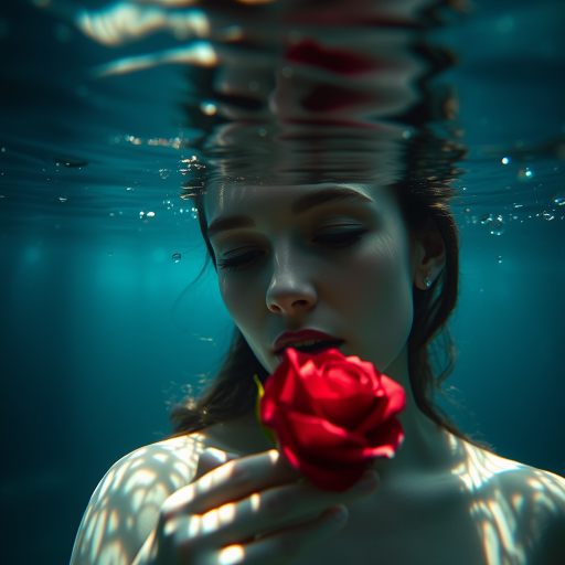 A woman underwater, gazing at a rose Her face is reflected in the water's surface The scene is illuminated by sunlight filtering through the water The atmosphere is serene and contemplative