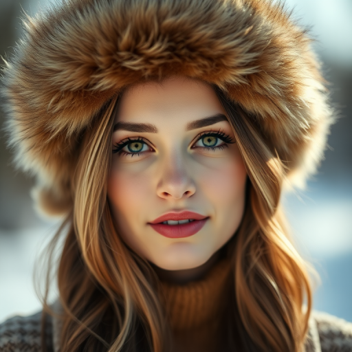 portrait of a woman in a fur hat with a soft focus background, natural light, 85mm lens, f/1.8 aperture, ISO 100, shallow depth of field, full face view, Canon EOS R5