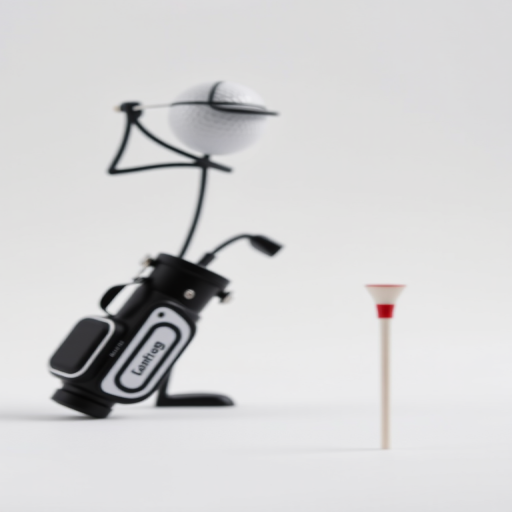 Generate an image of a 3D stick figure golfer taking a swing, with a golf bag and a golf tee in the foreground, against a minimalistic white background, captured with a DSLR camera at f/8 aperture, 50mm lens, ISO 100, and a shallow depth of field for enhanced focus.