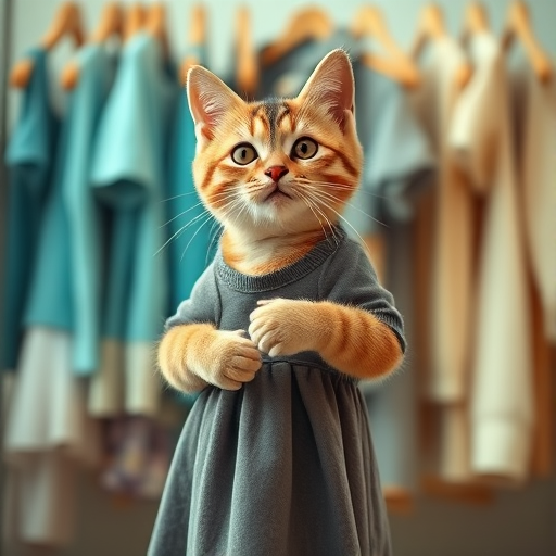 A cute cat holding a dress while standing in front of a clothing rack, soft natural lighting, shallow depth of field, 50mm lens, f/1.8 aperture, high-resolution DSLR camera.
