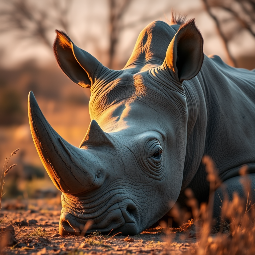 Capture a close-up shot of a resting rhinoceros in a natural setting during golden hour, using a DSLR camera with a 50mm lens, aperture set to f/2.8 for a shallow depth of field, ISO 200, shutter speed at 1/200 sec, and focusing on the texture of the rhino's skin while softly blurring the background.