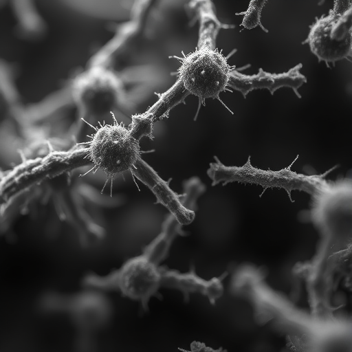 macrophotography of bacteria in a high-contrast black and white style with a shallow depth of field, ISO 100, f/2.8 aperture, 1/200s shutter speed, lens: 100mm macro, focus on intricate details and textures, soft diffused lighting
