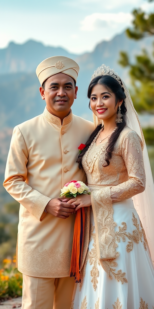 wedding couple in traditional attire, outdoor setting with mountains in background, soft natural light, aperture f/2.8, ISO 100, shutter speed 1/250 sec, captured with a DSLR camera, 50mm lens, portrait orientation, high-resolution image quality