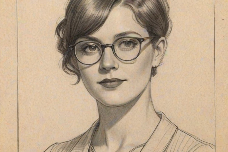 Radiant Sophie Wylie, pencil sketch, portrait of Comely woman 1928s in glasses, hair style beatnik, outline, clear lines, fine lines, 8k