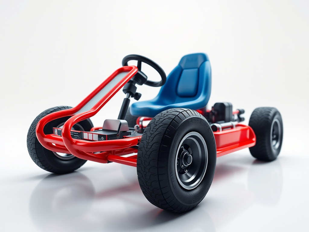 Create a high-resolution 3D render of a racing go-kart with a vibrant red frame and blue seat, using a DSLR camera with a 50mm lens at f/2.8, capturing the kart from a low angle view with dramatic lighting to enhance textures and details.
