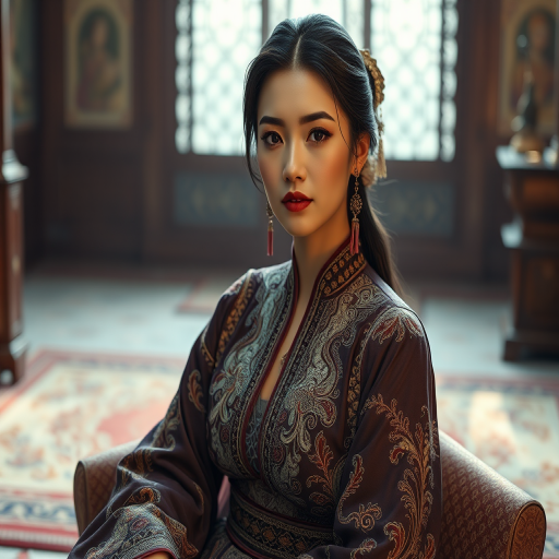 A beautiful Turkish woman in traditional East Asian attire, intricately detailed with embroidered patterns, sitting gracefully in a richly decorated room, soft ambient lighting, serene and elegant, ultra-realistic, 8K resolution