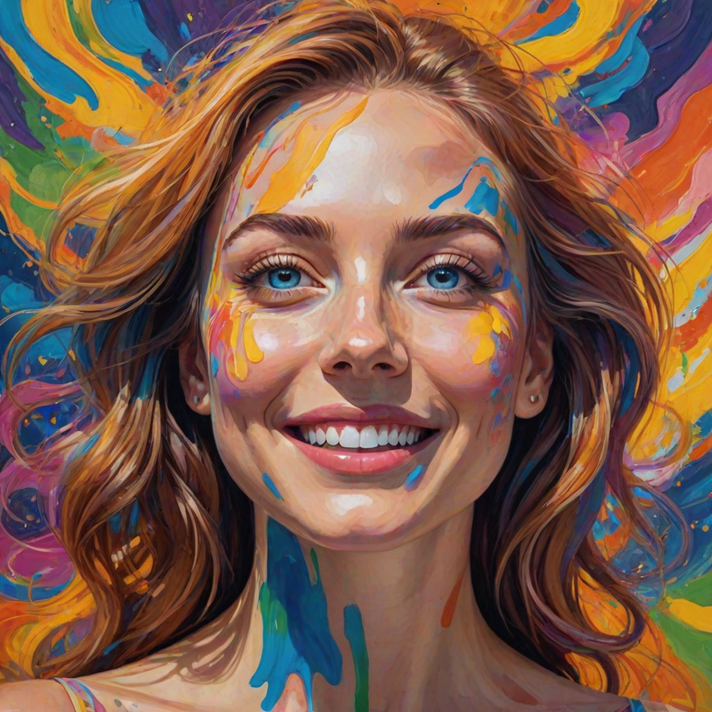 Generate a psychedelic portrait of a woman's happy face with brushstrokes of a woman smiling and looking up at the sky, emphasizing bright and bold colors. The dominant color should be deep blue, with swirling patterns of yellow, green, pink, purple and orange. open blue eyes with long eyelashes, apply an orange-yellow eyeshadow for a mesmerizing effect.