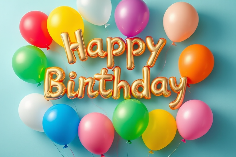 Create a high-resolution illustration of colorful balloons with the text Happy Birthday in a festive font, using a soft focus lens, 50mm aperture, f/2.8, and natural lighting, shot from a top-down view with a DSLR camera.