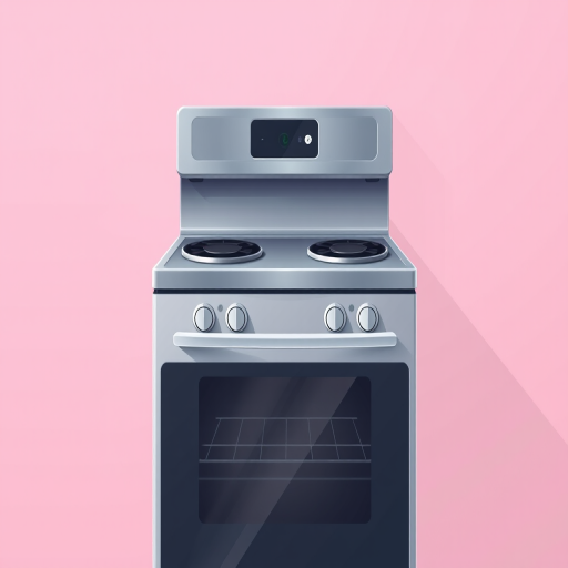 Create a high-resolution illustration of a modern stainless steel stove with two burners and an oven, set against a pastel pink background, using a DSLR camera with a 50mm lens, aperture f/2.8, ISO 100, and a slight tilt for a dynamic perspective.